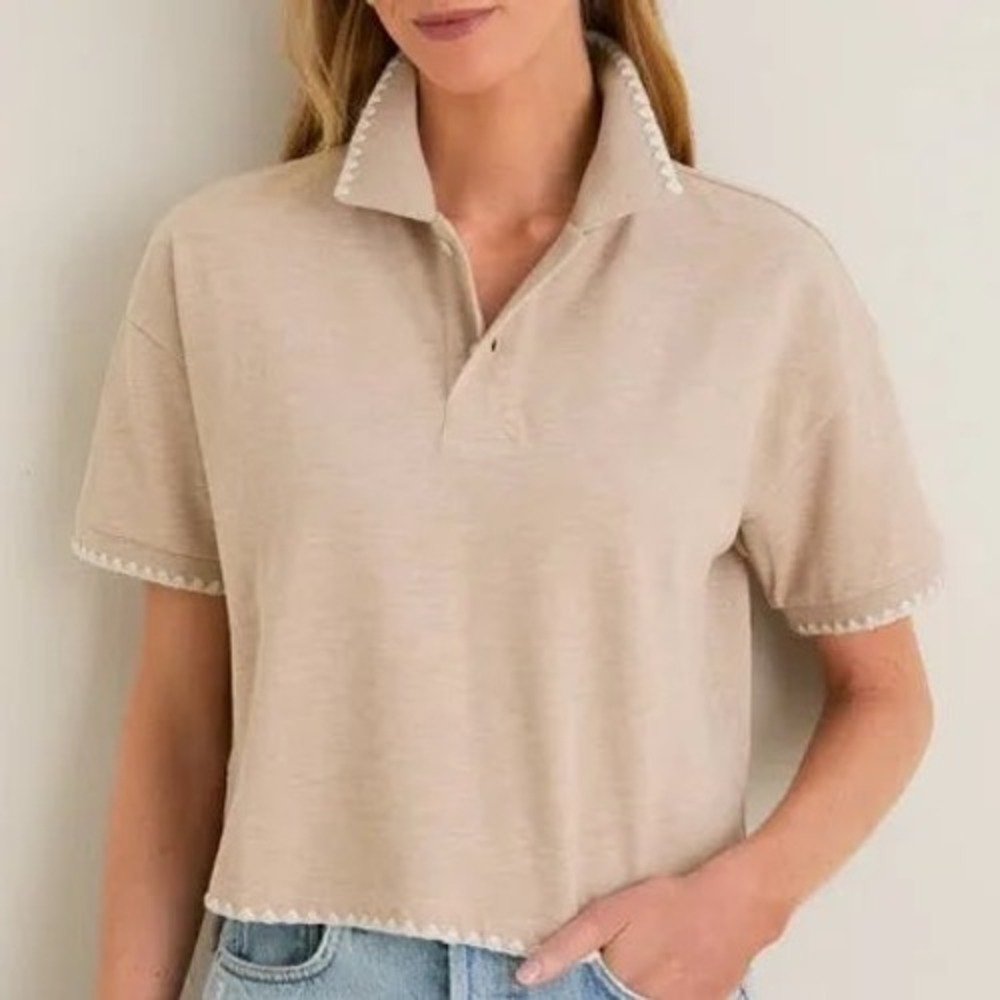 Tuckernuck pique Tan Scalloped Ric Rac Trim Polo Short Sleeve Boxy Top Small